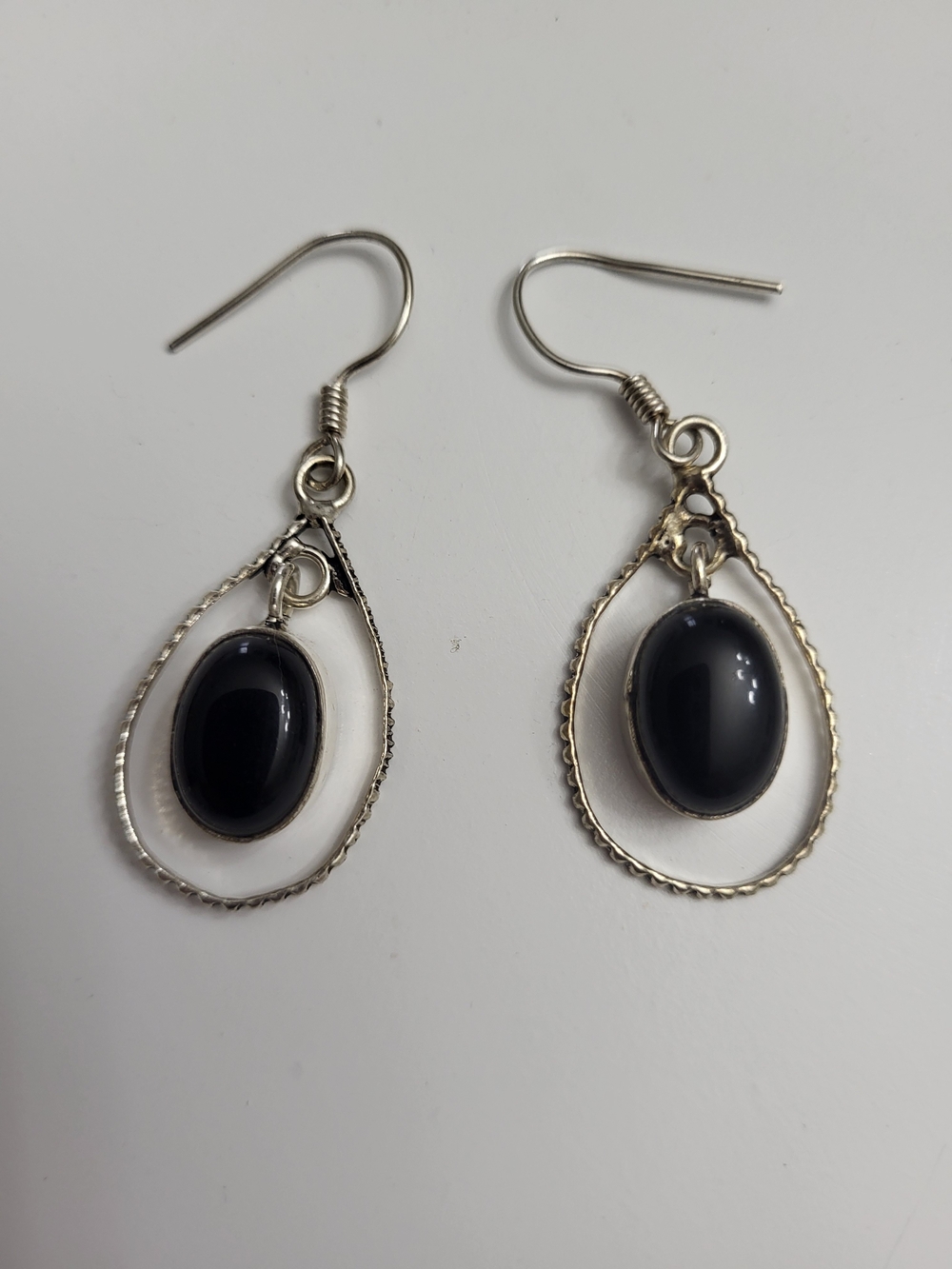 Vintage .925 Sterling-Style Large Black Onyx Stone Teardrop Earrings